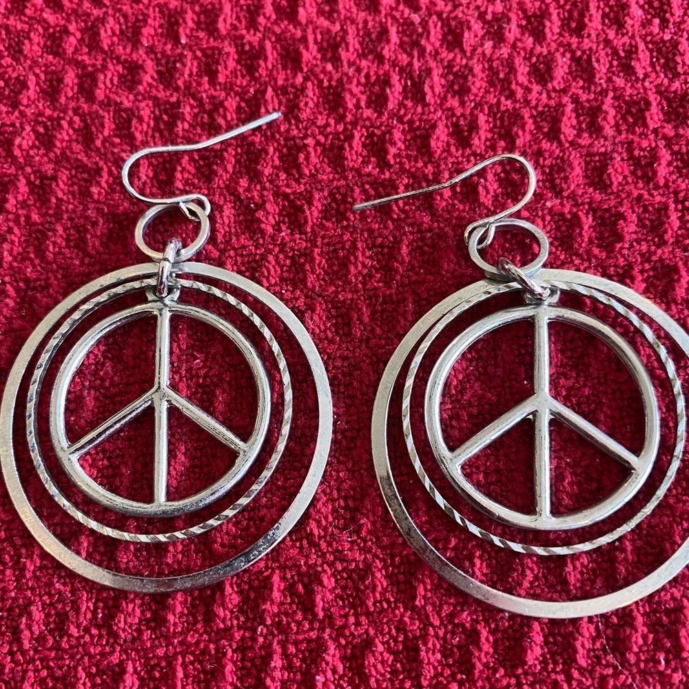 Silver Tone Peace Symbol Round Dangle Earrings